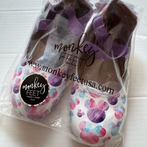 NIB: Monkey Feet Toddler Shoes with Pink, Purple, & Blue Minnie Mouse Print